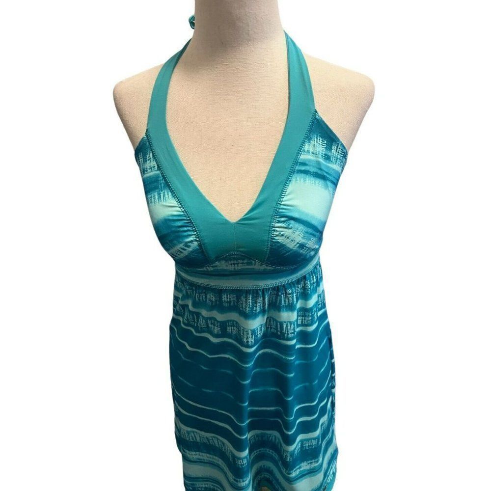 THE NORTH FACE Green Striped Print Echo Lake Halter Swim Dress Size XSmall Logo - Picture 5 of 10